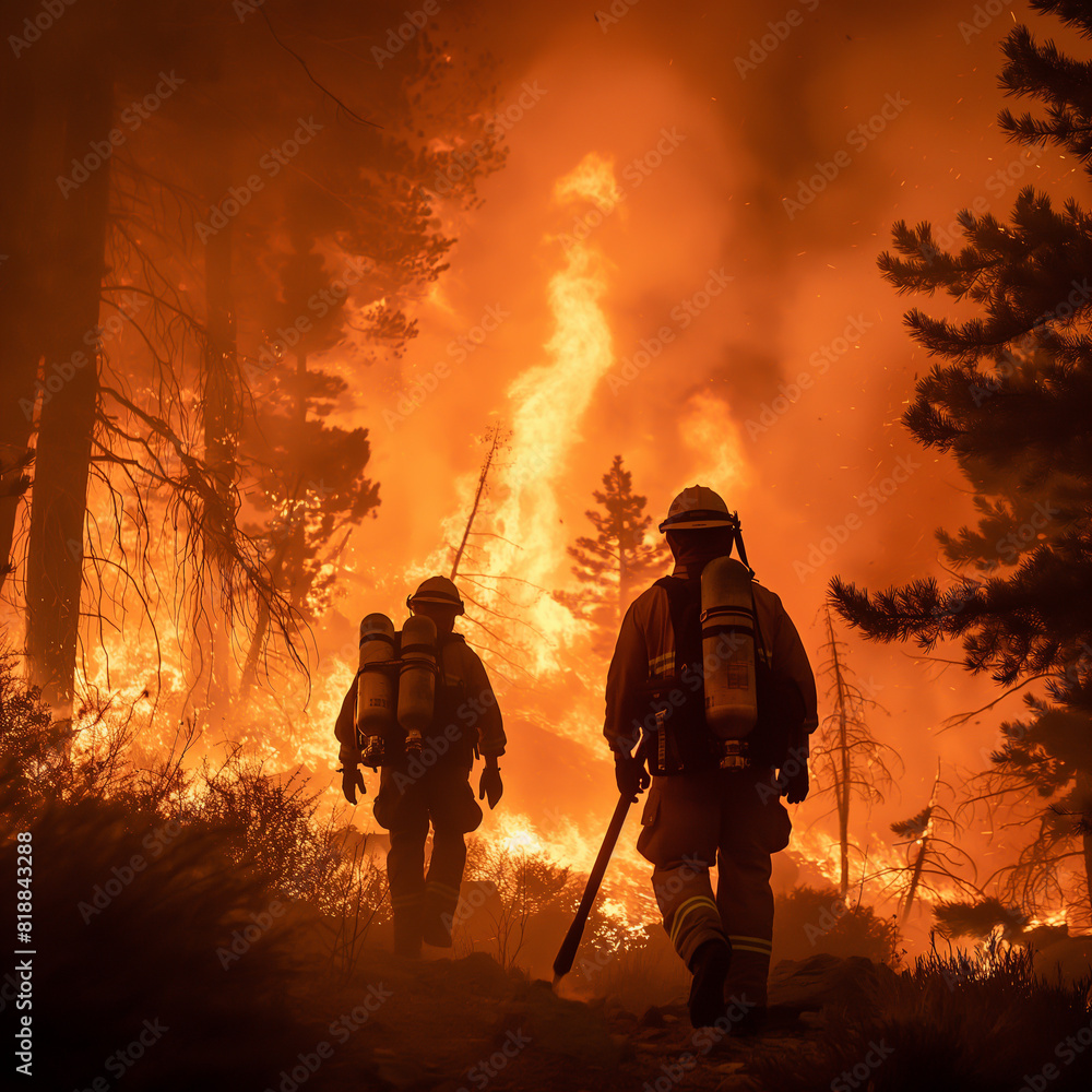 Image of firefighters fighting a forest fire. Depicts dangers and challenges. faced during emergency operations Protecting lives, homes and the environment from the catastrophic effects of wildfires