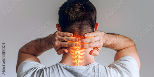 Young man suffering from neck ache and vertebrate cervical pain.Anatomy photo