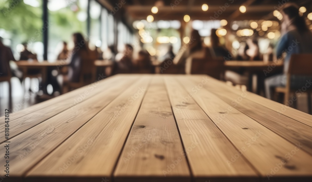 Empty wooden table and blurred people sitting on table background for product placement Empty wooden table and blurred people sitting on table background for product placement