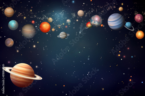 A vibrant depiction of the solar system with various planets  stars  and cosmic clouds set against a deep blue background  creating a stunning  detailed  and imaginative representation of outer space 