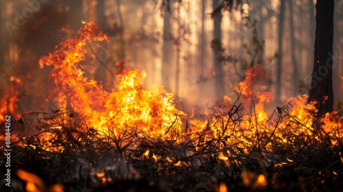 Close-up of flames leaping through trees and undergrowth in a wildfire © Plaifah