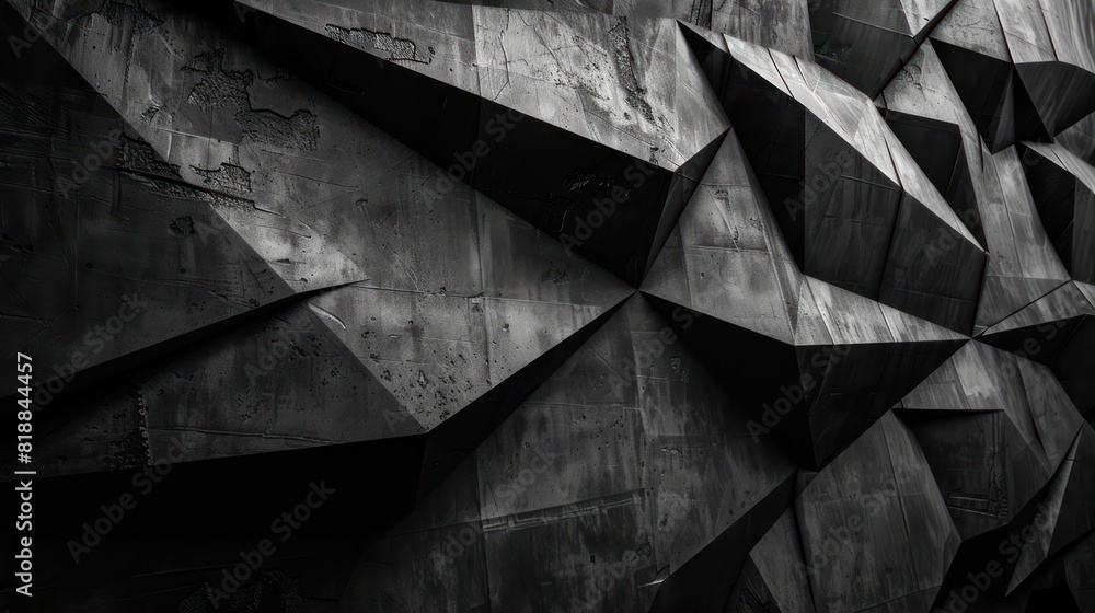 Monochrome image featuring an abstract geometric pattern with dynamic angular shapes and a dark textured surface