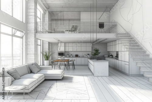 3D blueprint sketch, modern loft apartment With kitchen, living room and mezzanine.