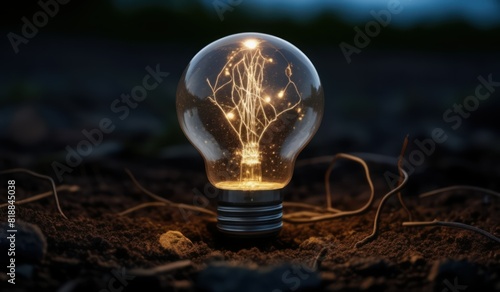 Glowing Solitude Light Bulb on Moist Earth with Rocks and Vegetation