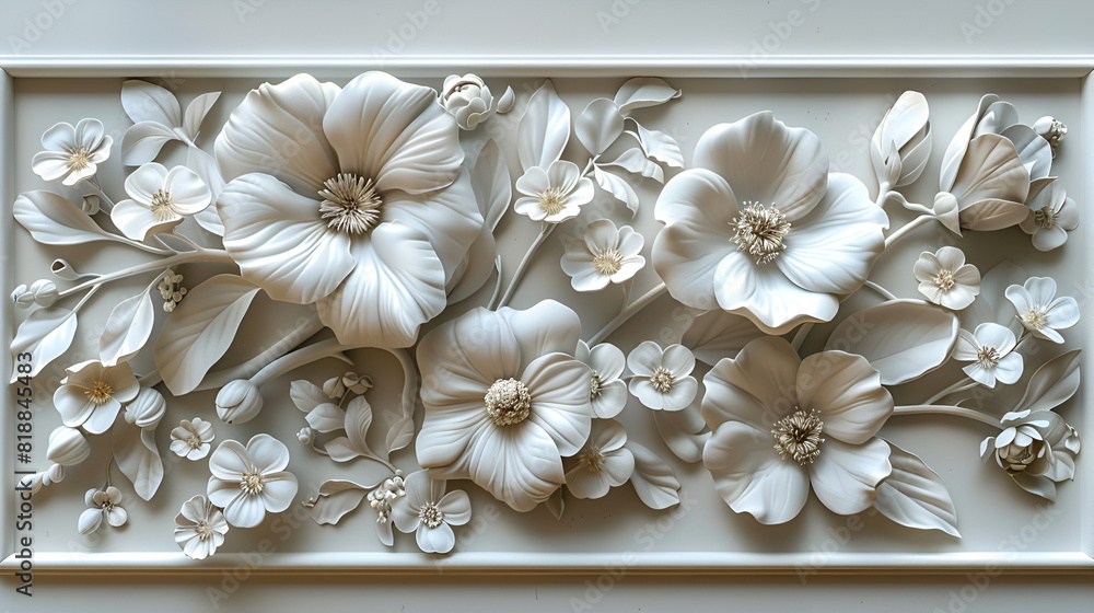 White Bas-relief of Flowers on Framed Panel,
Detailed white floral relief on a flat surface
