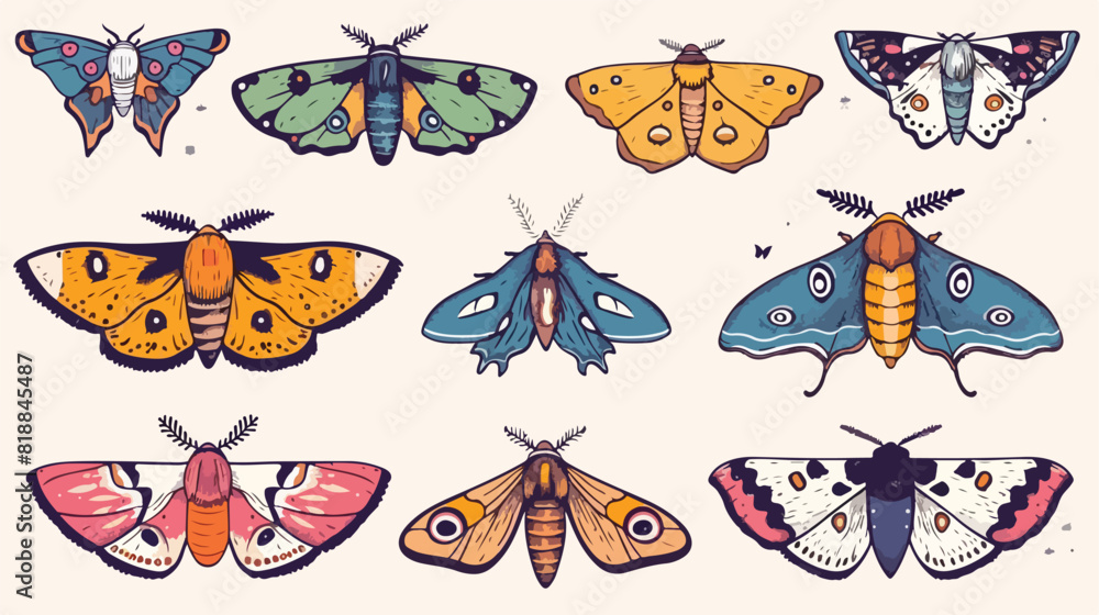 Set of colored doodle moths isolated on white background