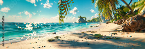 Panoramic View of a Sunny Tropical Beach, Lush Palms and Blue Waters Creating a Relaxing Scene © MDRAKIBUL