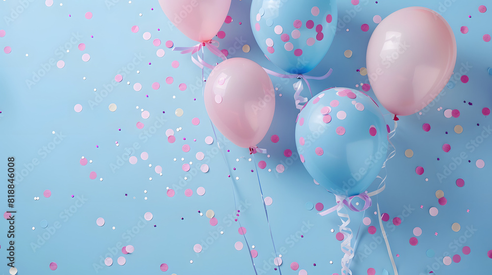 Confetti and ribbons pastel blue and pastel pink balloon
