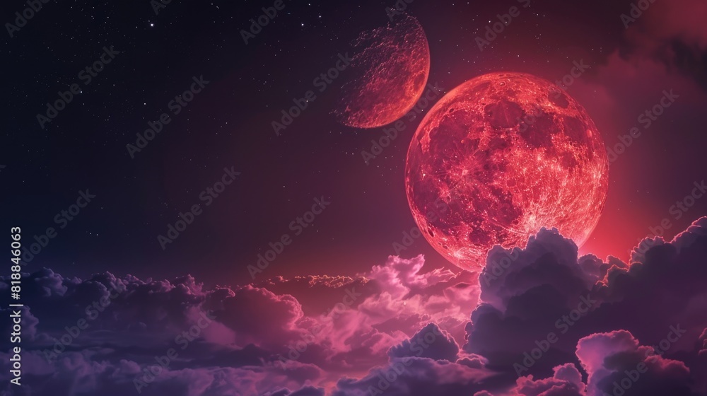 Blood moon or red moon in the night time sky with clouds concept Blood moon or red moon in the night time sky with clouds concept