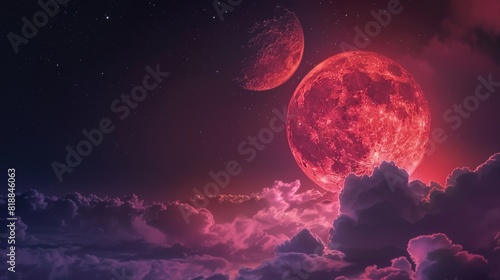  Blood moon or red moon in the night time sky with clouds concept