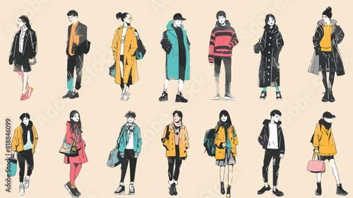 Set of hand drawn stylish young people at street.