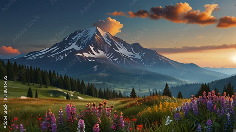 beautiful fantasy landscape mount flowers and water fall with beautiful sky beautiful fantasy landscape mount flowers and water fall with beautiful sky