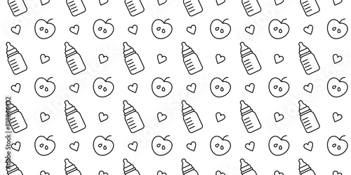 Seamless pattern with baby bottles, apples and hearts. Child nutrition, drink and food for infants and newborn kids in bottles, vector outline background with black symbols