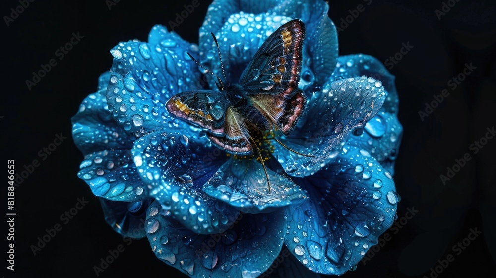 Blue rose flower in water drops and butterfly isolated on black. Death's-head Hawkmoth. Acherontia atropos.