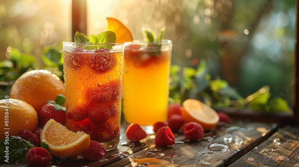 fresh fruit juices on wooden table, on window background fresh fruit juices on wooden table, on window background