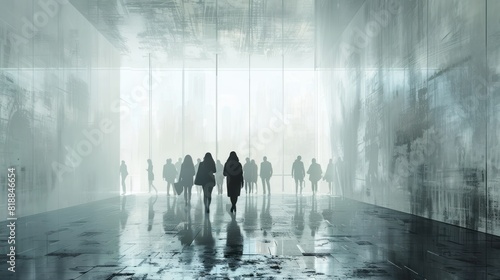 Blurred people walking in a bright, modern glass corridor.
