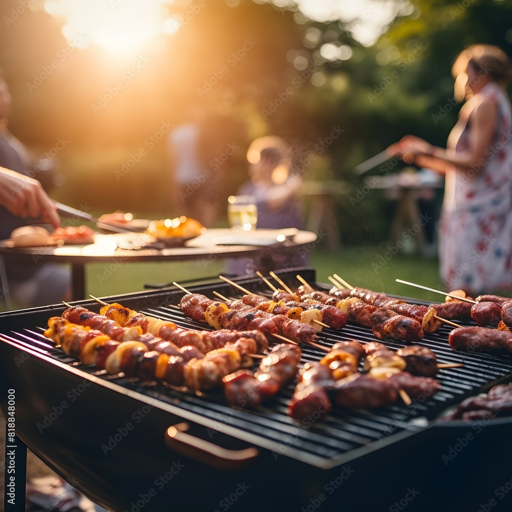 Naklejka premium Summer BBQ party. Grilling meat outdoors. Generative AI.