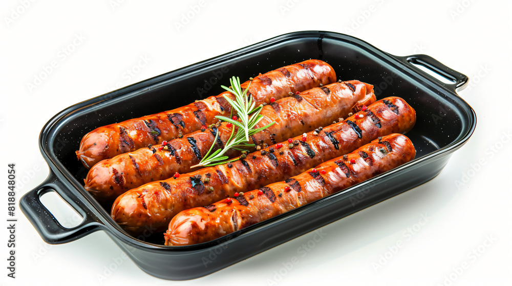 Baking dish of tasty homemade sausages isolated on white