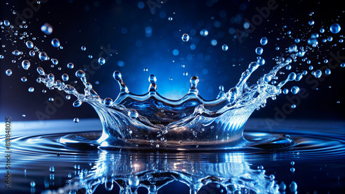 A droplet of water creates a crown-like shape as it falls into the water. The water is dark blue and the droplet creates ripples as it falls.