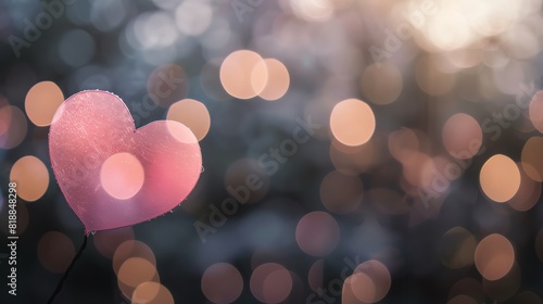 Heart-shaped figure on a stick stands against a backdrop of warm bokeh lights, creating a romantic and dreamy atmosphere perfect for love-themed scenes. photo