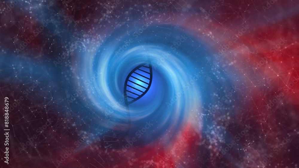 Artistic spiral DNA chain in foggy red and blue cyberspace illustration background. Artistic spiral DNA chain in foggy red and blue cyberspace illustration background.