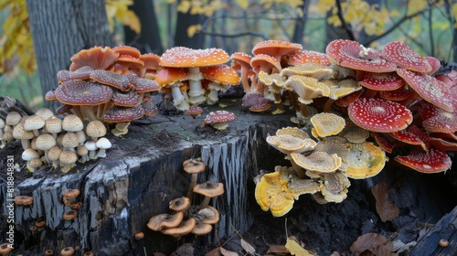 Cluster of assorted mushrooms flourishing on the moist bark of a tree stump