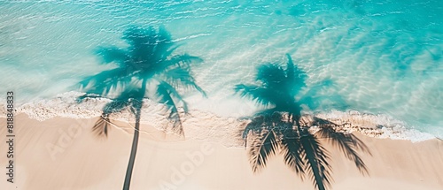 3d rendering of long palm tree shadows stretching across a white sandy beach, with the turquoise sea waves gently lapping the shore, tropical beach concept.