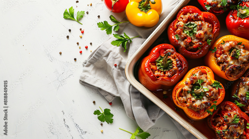 Baking dish with tasty stuffed pepper on white background