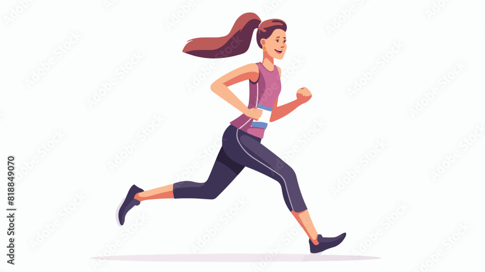 Smiling active woman jogging vector flat illustration