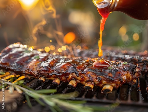 Rich and tangy BBQ sauce being poured over ribs on a rustic table, bathed in golden hour light photo