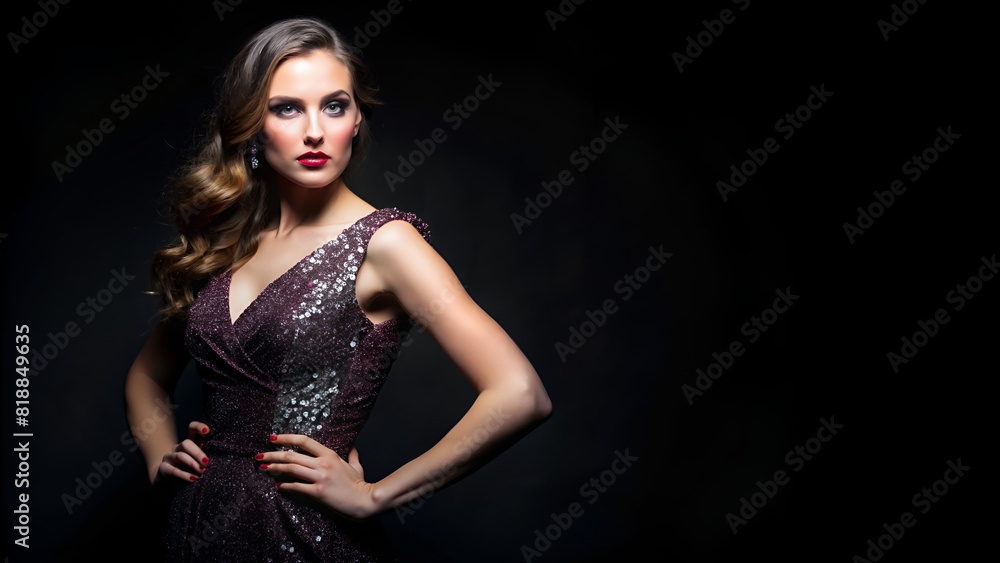 Fashion Model Posing in Elegant Attire Against a Black Background, Highlighting High Fashion, Glamour, and Sophisticated Style Fashion Model Posing in Elegant Attire Against a Black Background, Highlighting High Fashion, Glamour, and Sophisticated Style