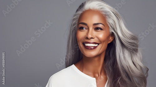 A beautiful black woman with long silver hair. Generative AI. photo