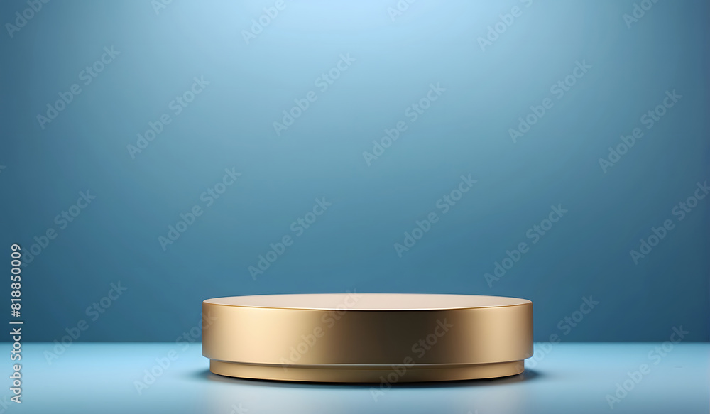Empty round cylinder platform podium for product or cosmetics presentation on blue background with bokeh Empty round cylinder platform podium for product or cosmetics presentation on blue background with bokeh