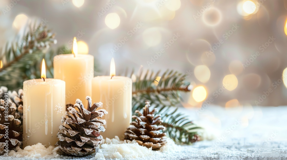 Elegant winter scene with lit candles, pinecones and evergreen branches on a snow-covered surface against a backdrop of twinkling lights. Elegant winter scene with lit candles, pinecones and evergreen branches on a snow-covered surface against a backdrop of twinkling lights.