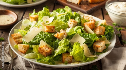 Crisp Caesar salad with romaine lettuce, garlic croutons, Parmesan cheese, and creamy dressing