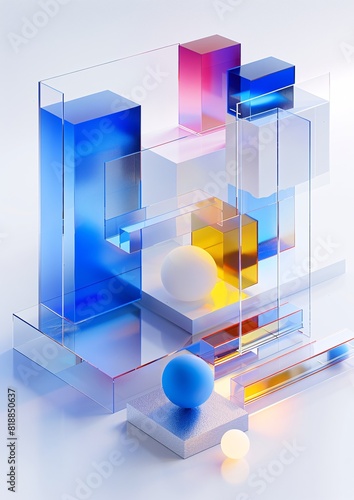Fototapeta Naklejka Na Ścianę i Meble -  Abstract Geometric Composition with Colorful Gradient Cubes and Spheres on White Background