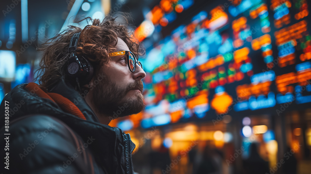 A man is surrounded by multiple screens displaying stock market graphs A man is surrounded by multiple screens displaying stock market graphs