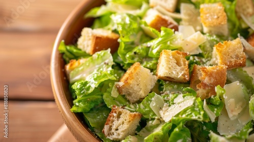 Crisp Caesar salad with romaine lettuce, garlic croutons, Parmesan cheese, and creamy dressing
