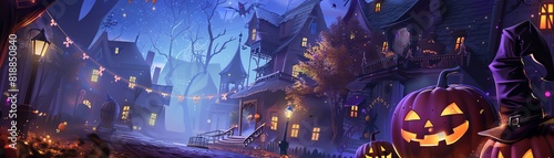 Spooky Halloween scene with lit lanterns and carved pumpkins in front of eerie, old houses at night. photo