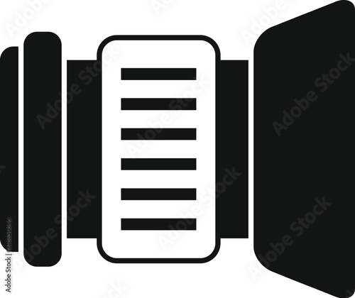 Monochrome minimalist professional camera lens icon in black and white with vector graphic design, perfect for photography symbol, digital media, and visual industry