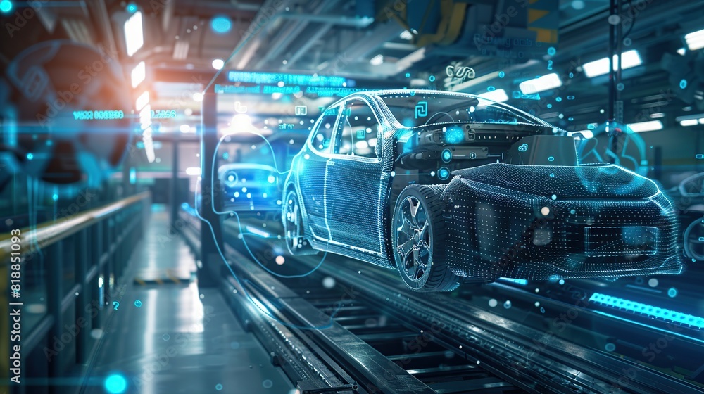Automated Robot Arm Assembly Line Manufacturing. robotic arms in a car plant Automated Robot Arm Assembly Line Manufacturing. robotic arms in a car plant