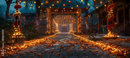 An entrance gate decorated with Diwali lights and garlands photo
