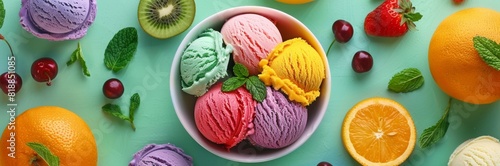 Colorful ice cream and fruit on a green background  a top view. A bowl contains ice cream balls in different shades of color  as well as fruits like kiwi  strawberry  cherry  and mint leaves