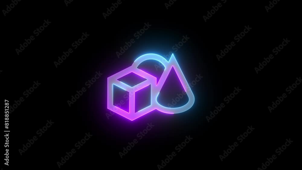 Neon 3d shapes icon cyan purple color glowing animated black background Neon 3d shapes icon cyan purple color glowing animated black background