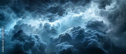 Dramatic storm clouds with dark blue hues and lighting, creating a moody and atmospheric scene, perfect for weather-related concepts and backgrounds. © May Chanikran