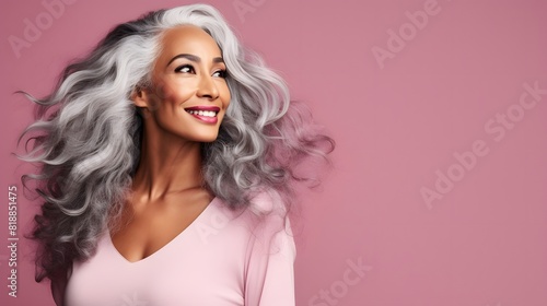 A beautiful black woman with long silver hair. Generative AI.
