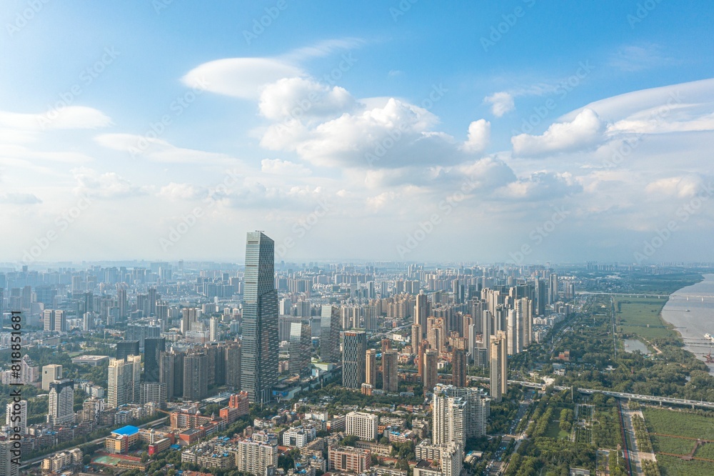 Aerial view of the bustling city skyline with modern buildings in Wuhan, China Aerial view of the bustling city skyline with modern buildings in Wuhan, China