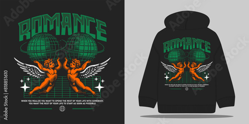 Graphic design ready to print. romance slogan typography with baby angel statue holding globe, vector illustration for t shirt, streetwear graphic design, hoodie, and urban style design