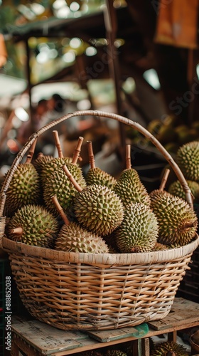Basket of durians displayed at a fruit market