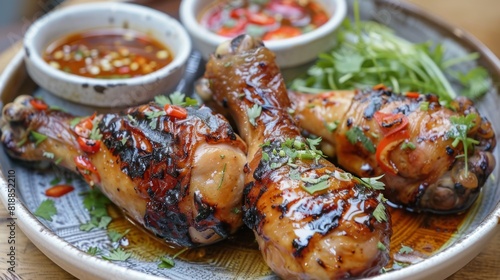 Delicious grilled chicken drumsticks with a side of sweet and spicy sauce